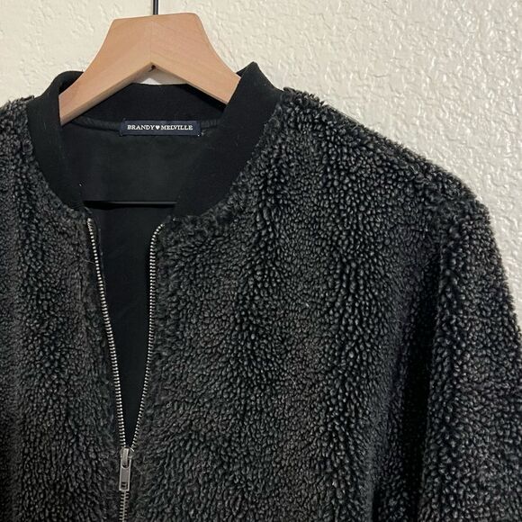 Brandy Melville Fuzzy Teddy Sherpa Bomber Jacket Gray Black Zip Up Coat Size S - Picture 4 of 11